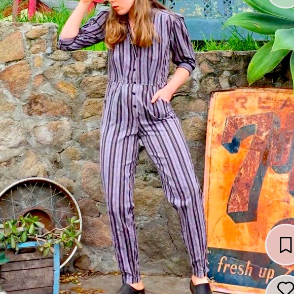 Vintage striped button up jumpsuit. Fits a women size small. - Picture 1 of 4